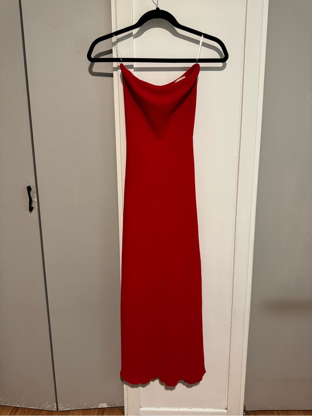 Red strapless maxi dress